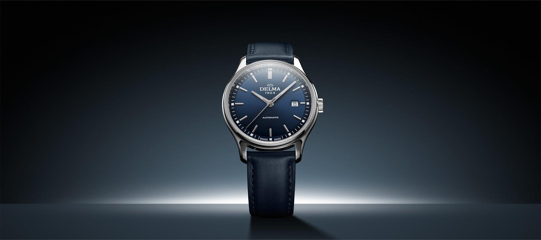 DELMA Classic with blue dial and leather strap