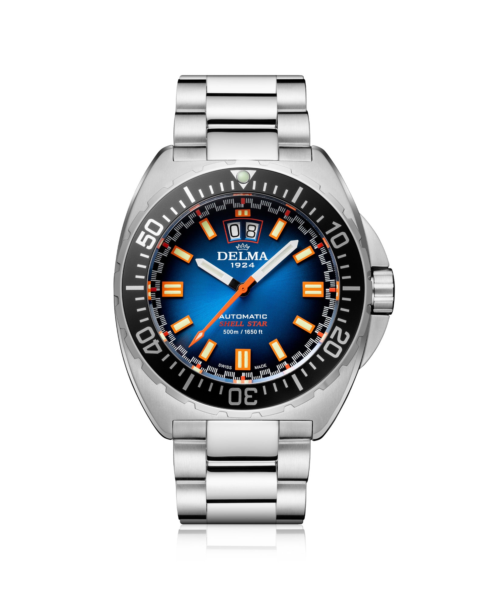 DELMA Shell Star Big Date stainless steel watch with blue dial and black bezel