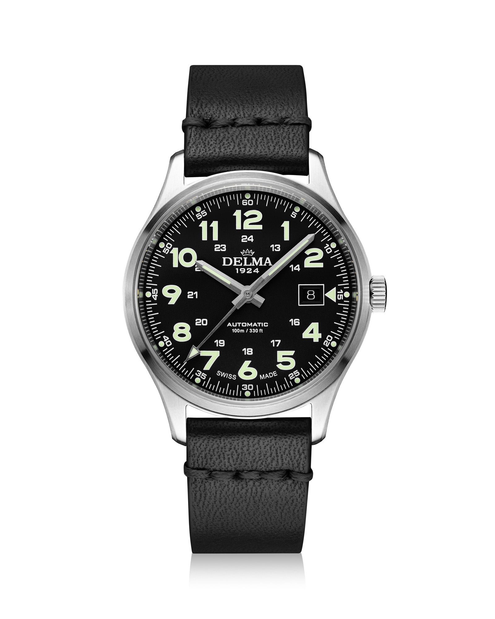 DELMA Commander 40 mm stainless steel watch with black dial and black leather strap