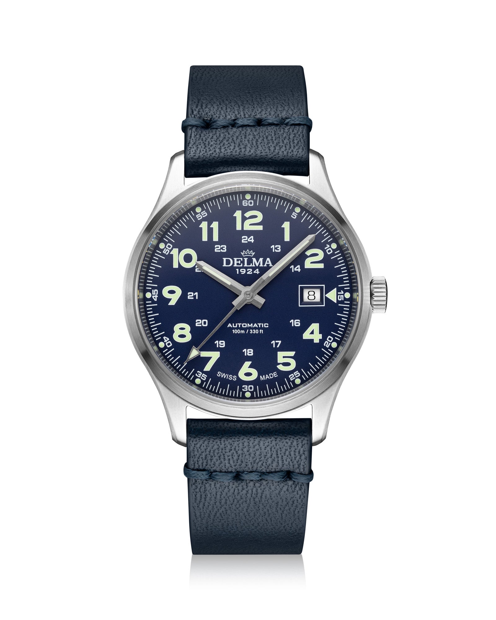 DELMA Commander 40 mm stainless steel watch with blue dial and blue leather strap