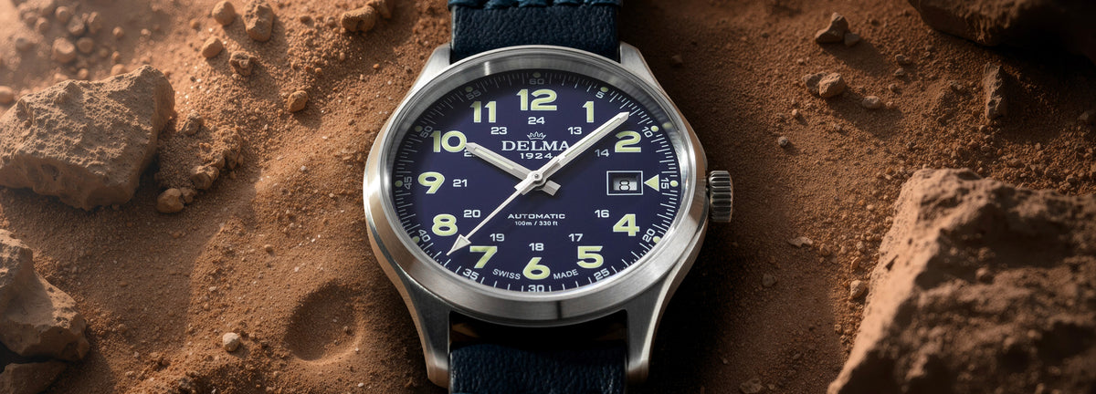 DELMA Commander 40 mm stainless steel watch with blue dial and blue leather strap in context