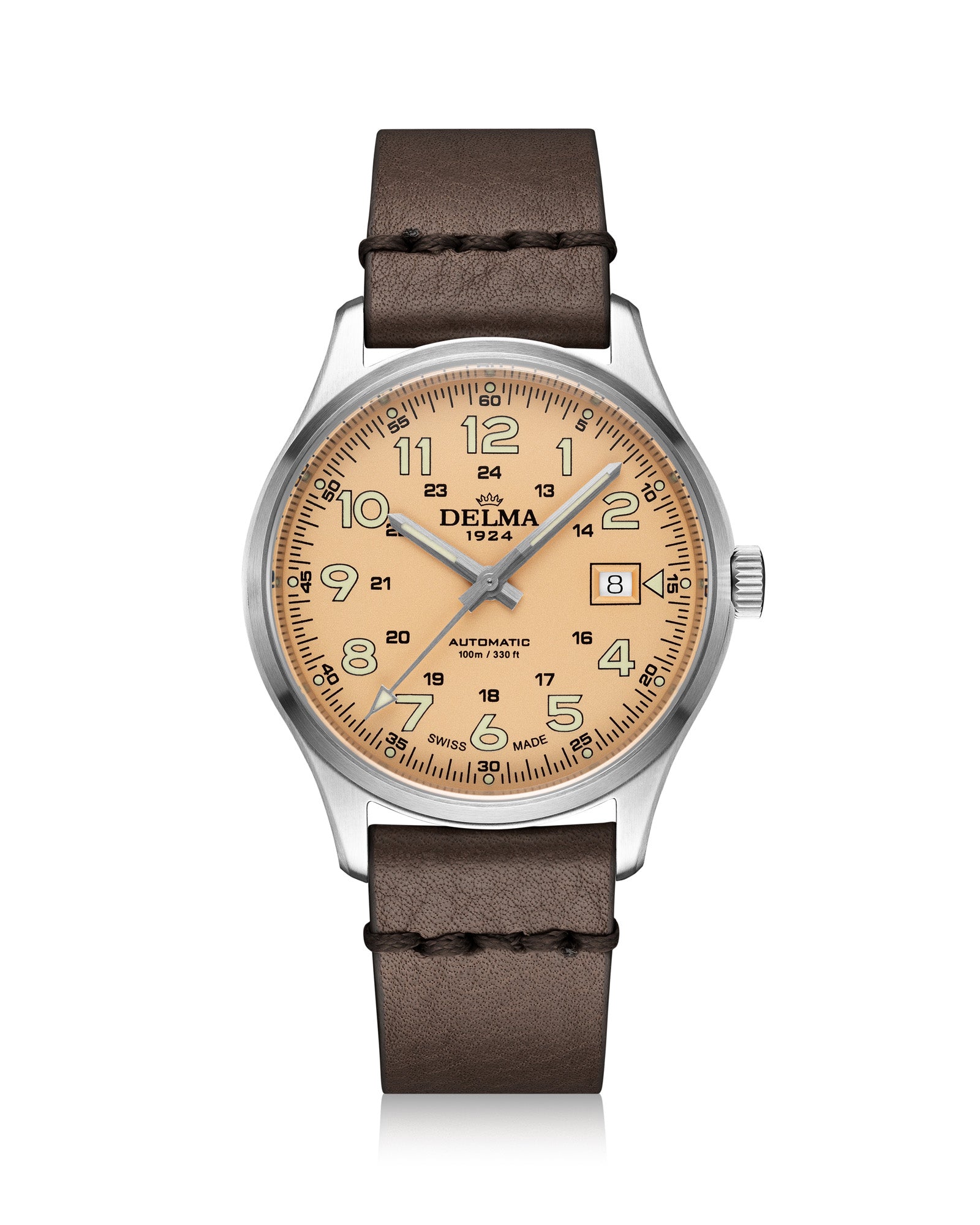 DELMA Commander 40 mm stainless steel watch with salmon dial and brown leather strap