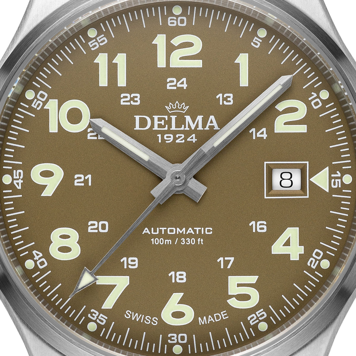 DELMA Commander 40 mm stainless steel watch with olive dial and olive leather strap close up