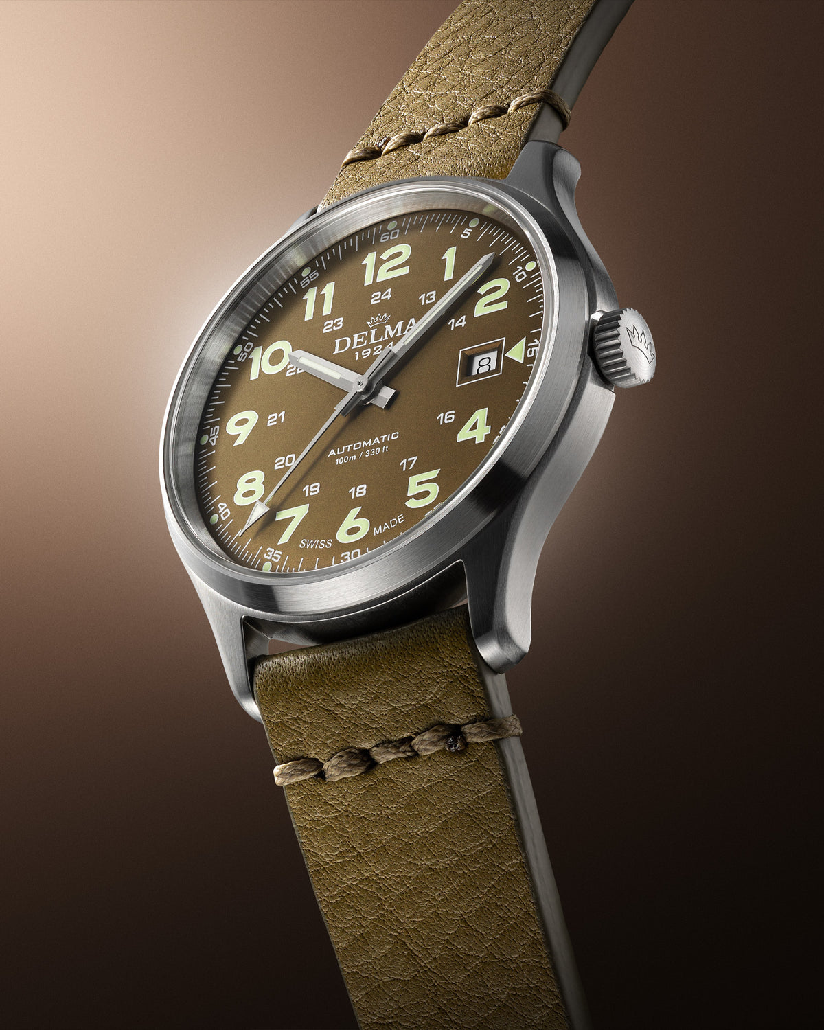 DELMA Commander 40 mm stainless steel watch with olive dial and olive leather strap side