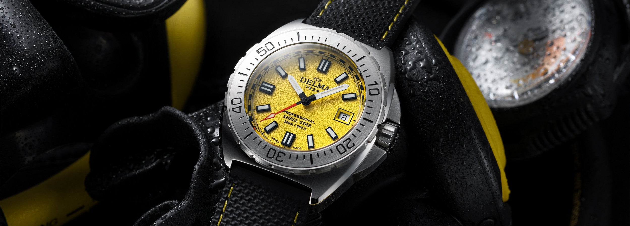 Delma Shell Star 41mm yellow dial black rubber strap