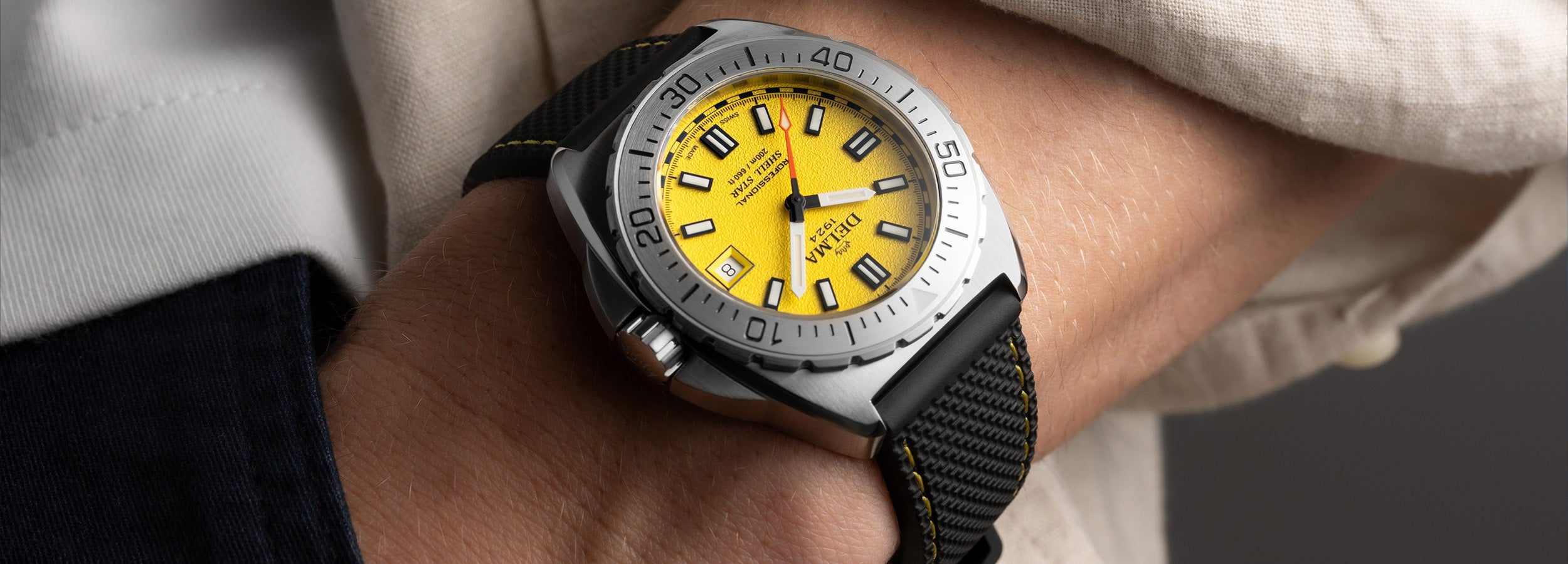 Delma Shell Star 41mm yellow dial black rubber strap