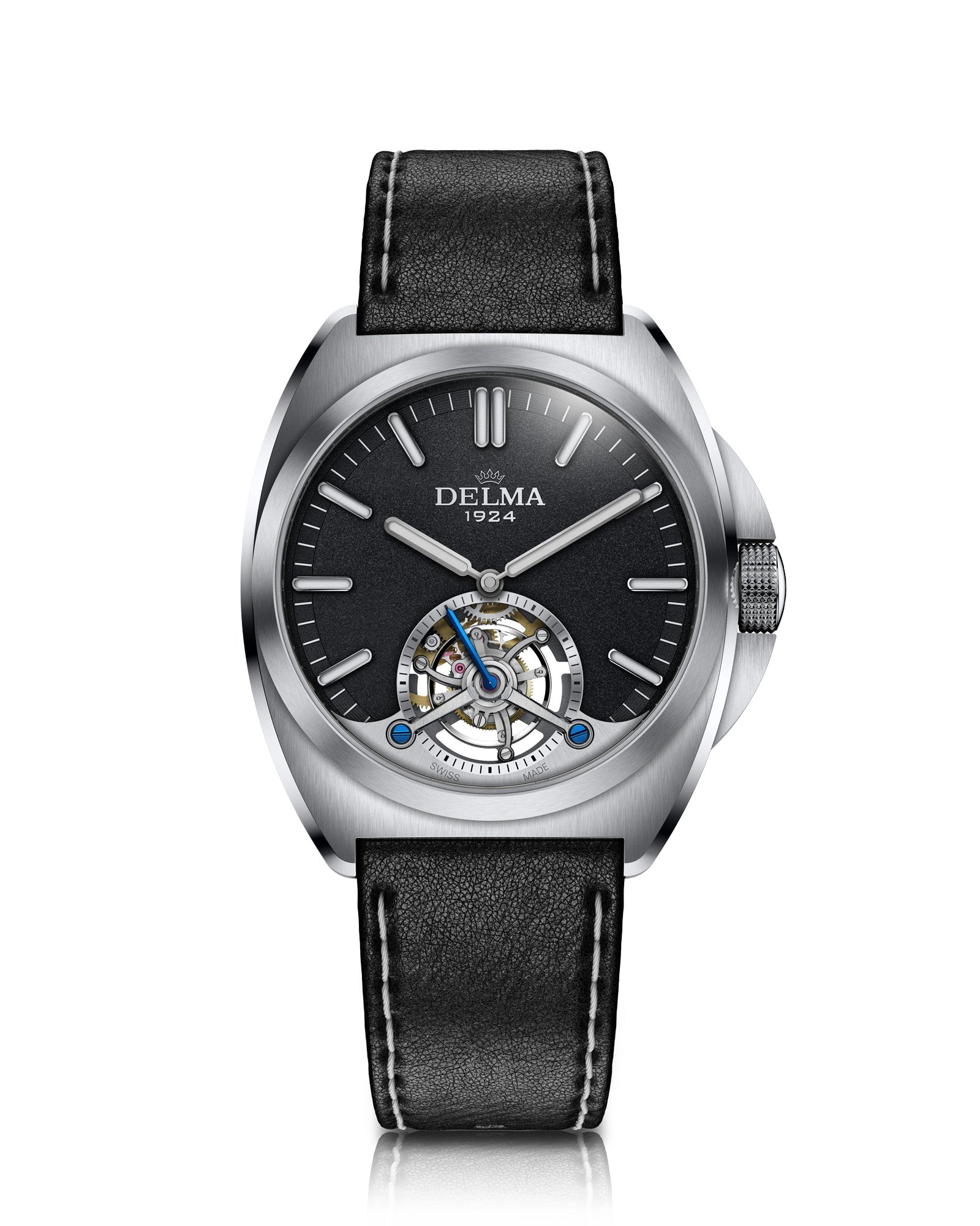 DELMA 1924 Tourbillon stainless steel watch with black dial and leather strap