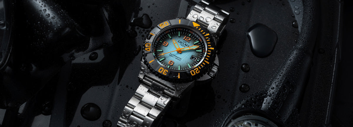 DELMA Blue Shark IV stainless steel watch with blue gradient dial and black bezel in context