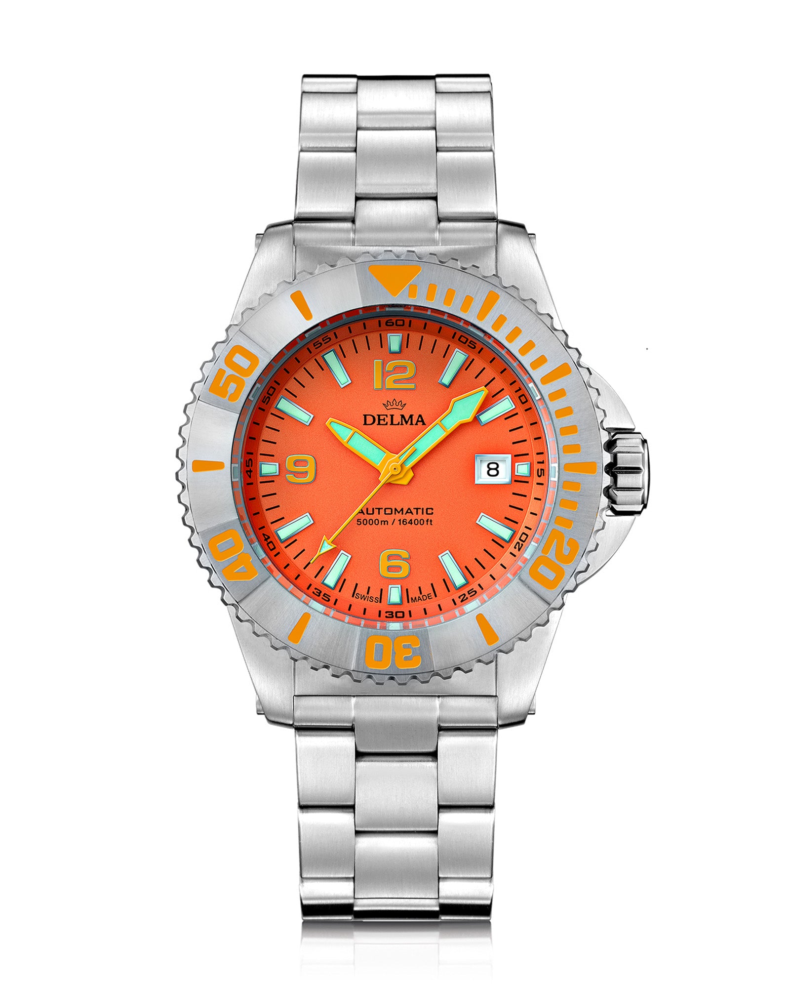 DELMA Blue Shark IV stainless steel watch with orange dial