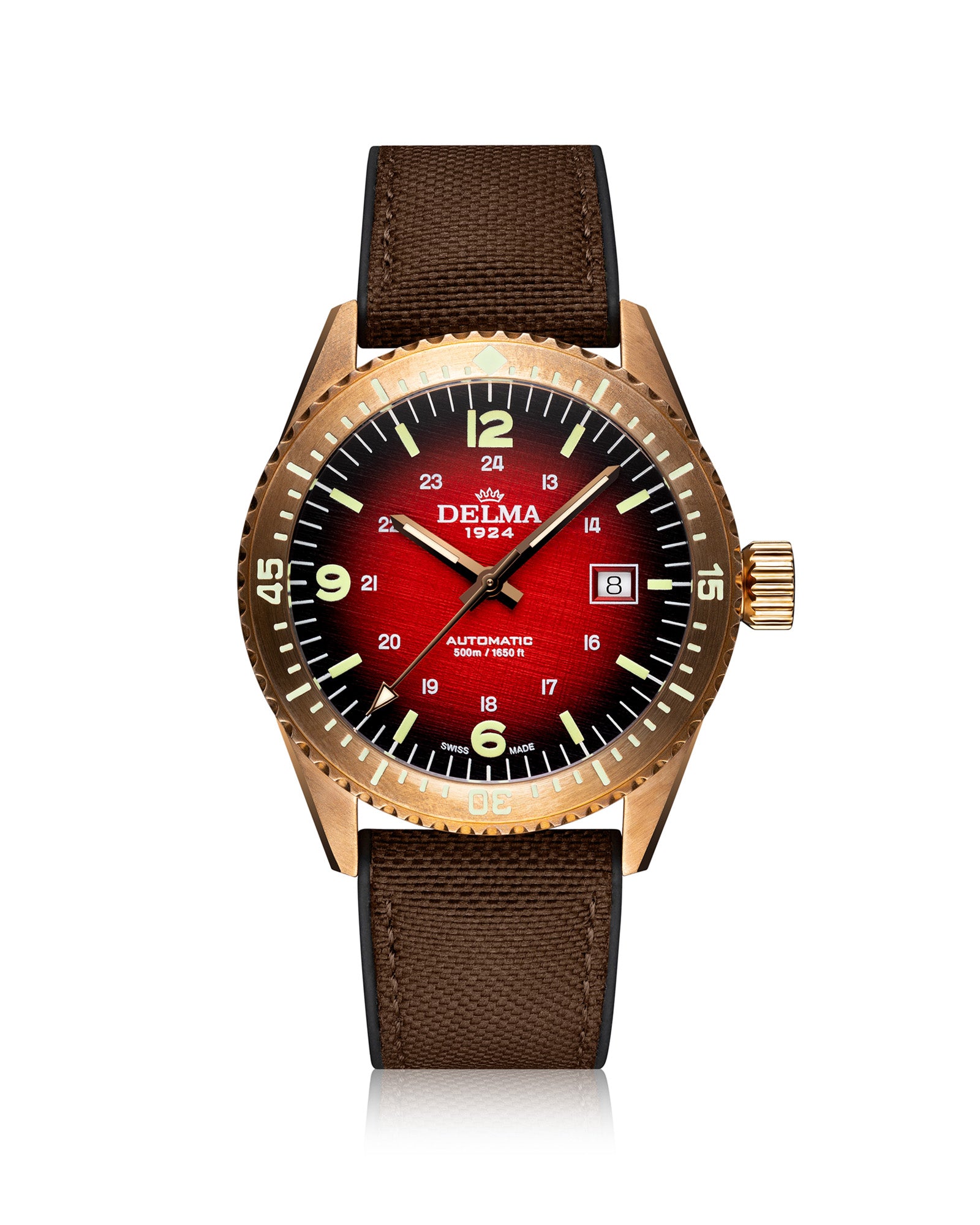 DELMA Cayman Bronze watch with red gradient dial and brown Cordura strap