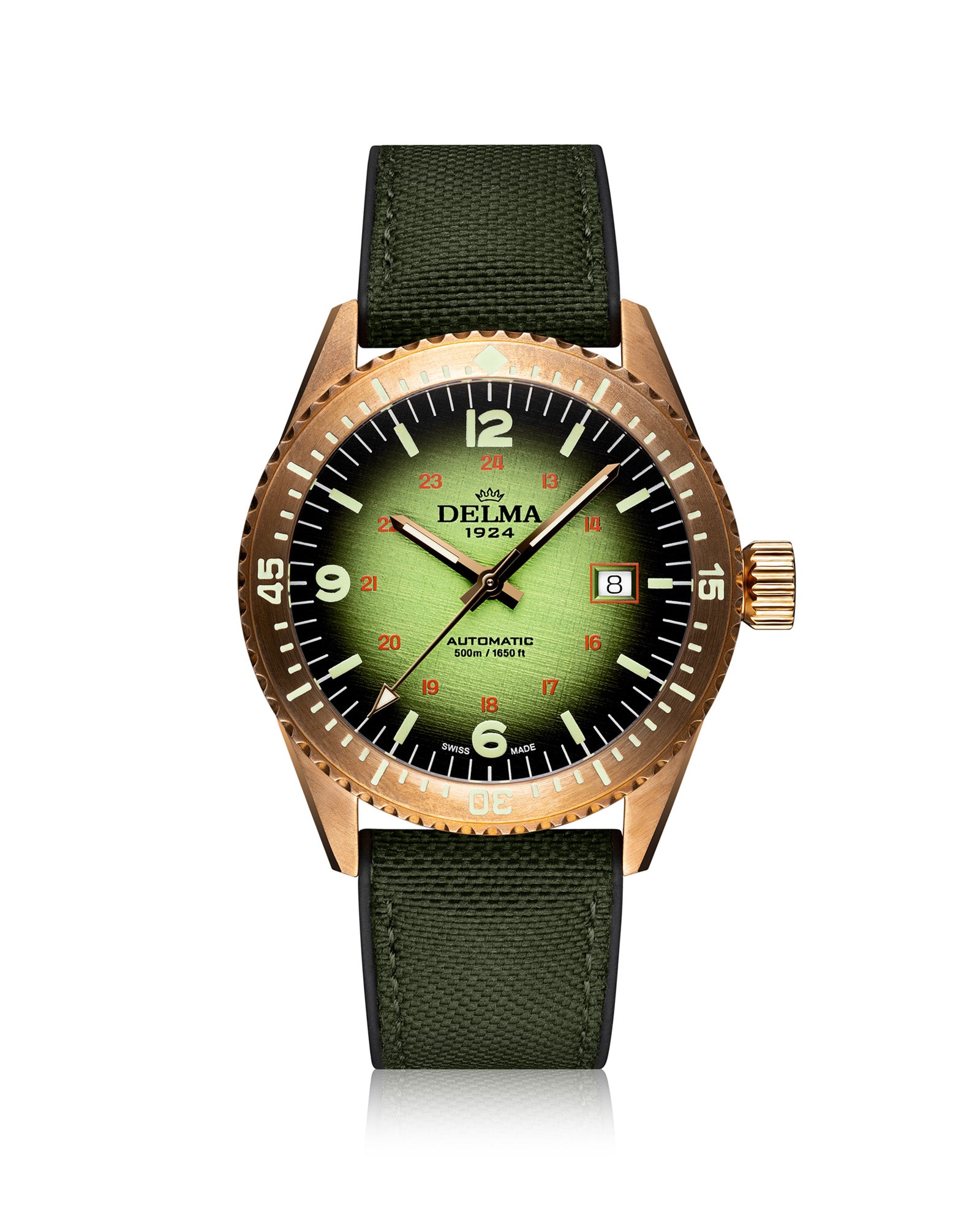 DELMA Cayman Bronze watch with green gradient dial and green Cordura strap