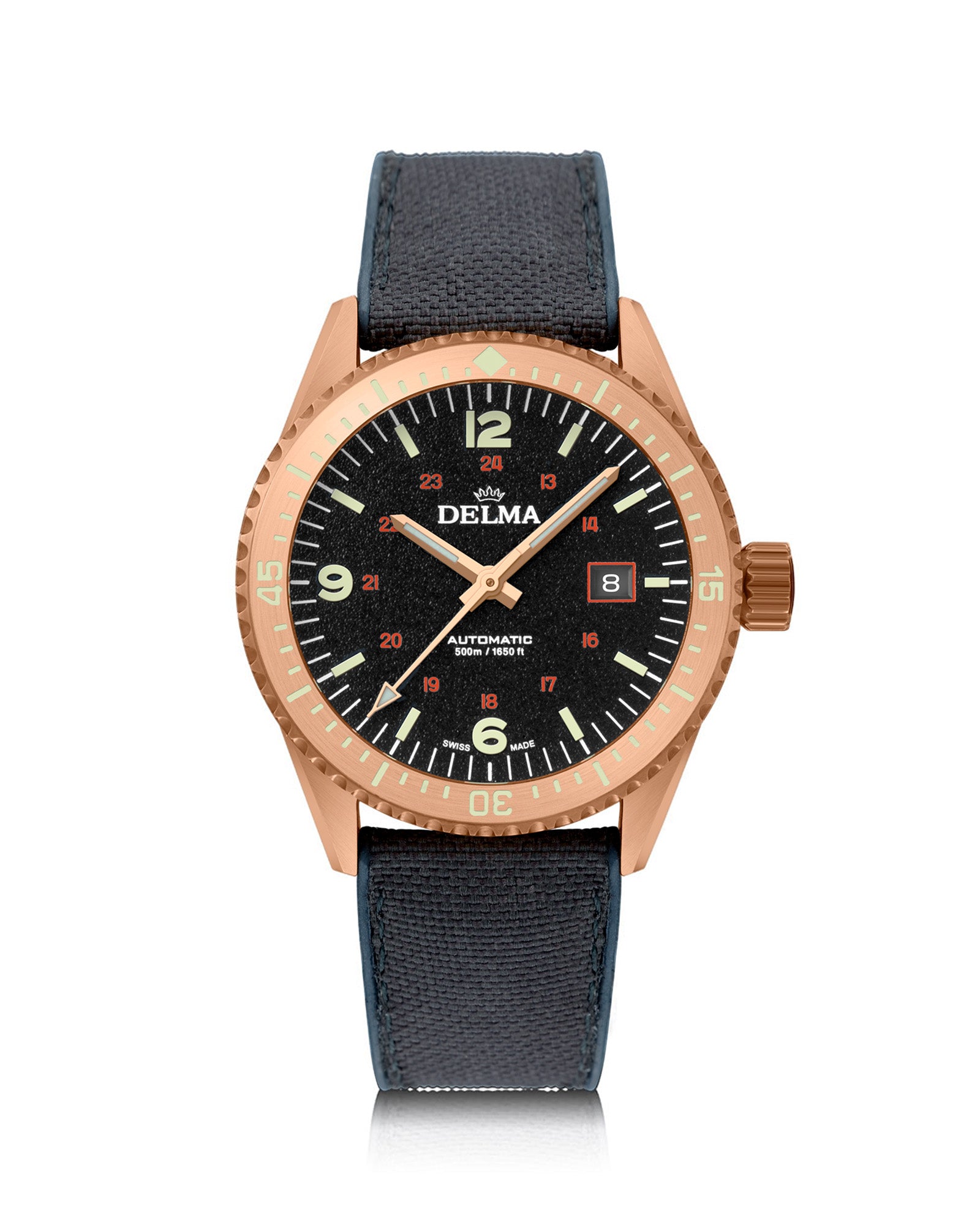 DELMA Cayman Bronze watch with black dial and black Cordura strap
