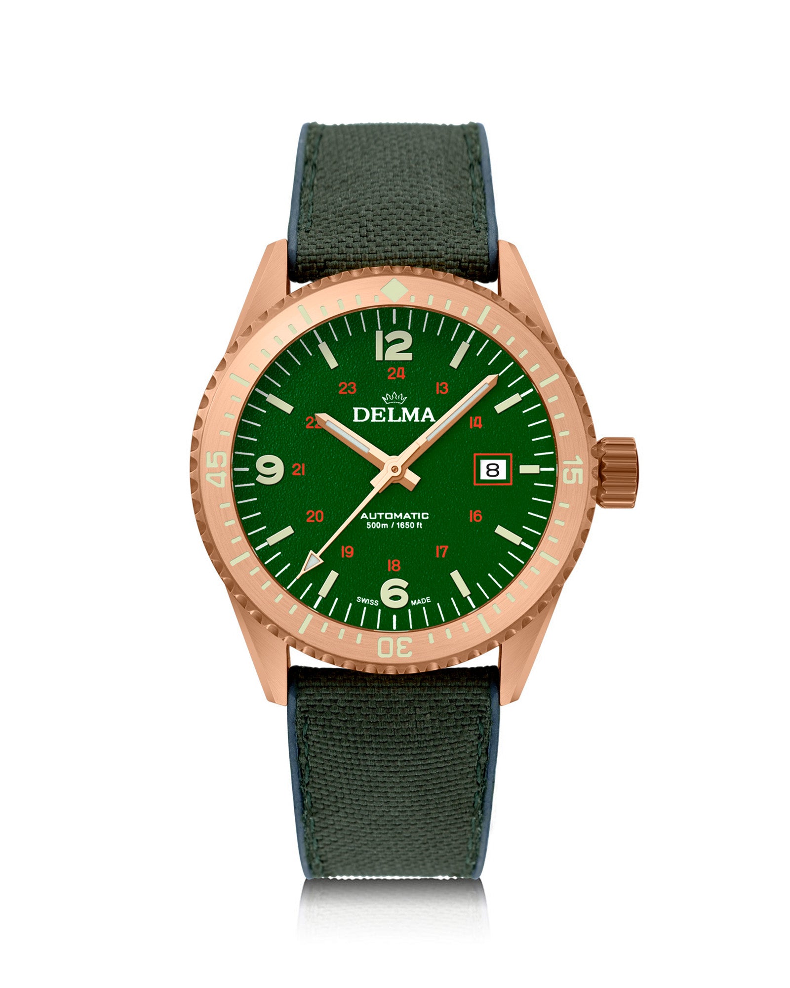 DELMA Cayman Bronze watch with green dial and green Cordura strap