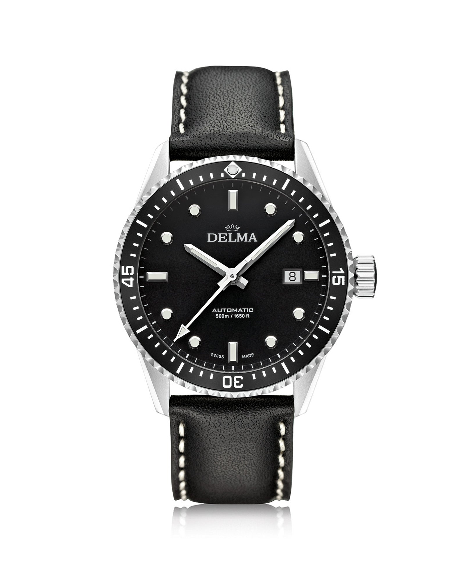 DELMA Cayman Automatic stainless steel watch with black dial, black bezel and black leather strap