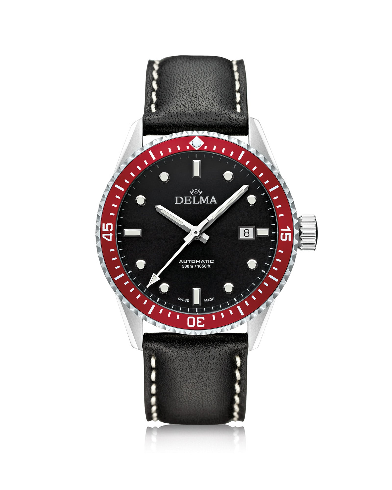 DELMA Cayman Automatic stainless steel watch with black dial, red bezel and black leather strap
