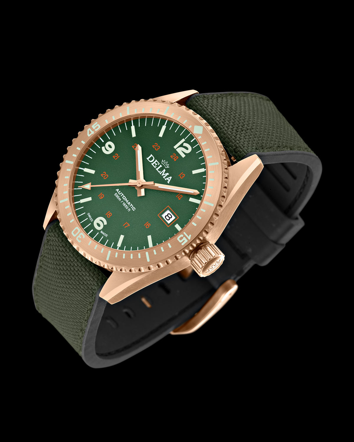 DELMA Cayman Bronze watch with green dial and green Cordura strap round
