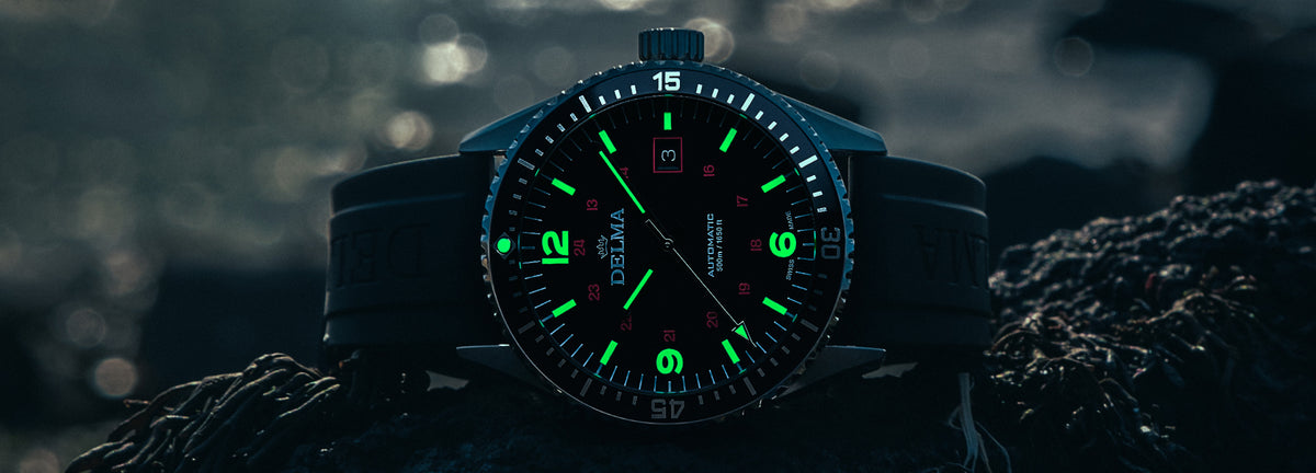 DELMA Cayman Field stainless steel watch with black dial and black rubber strap in context moonlight