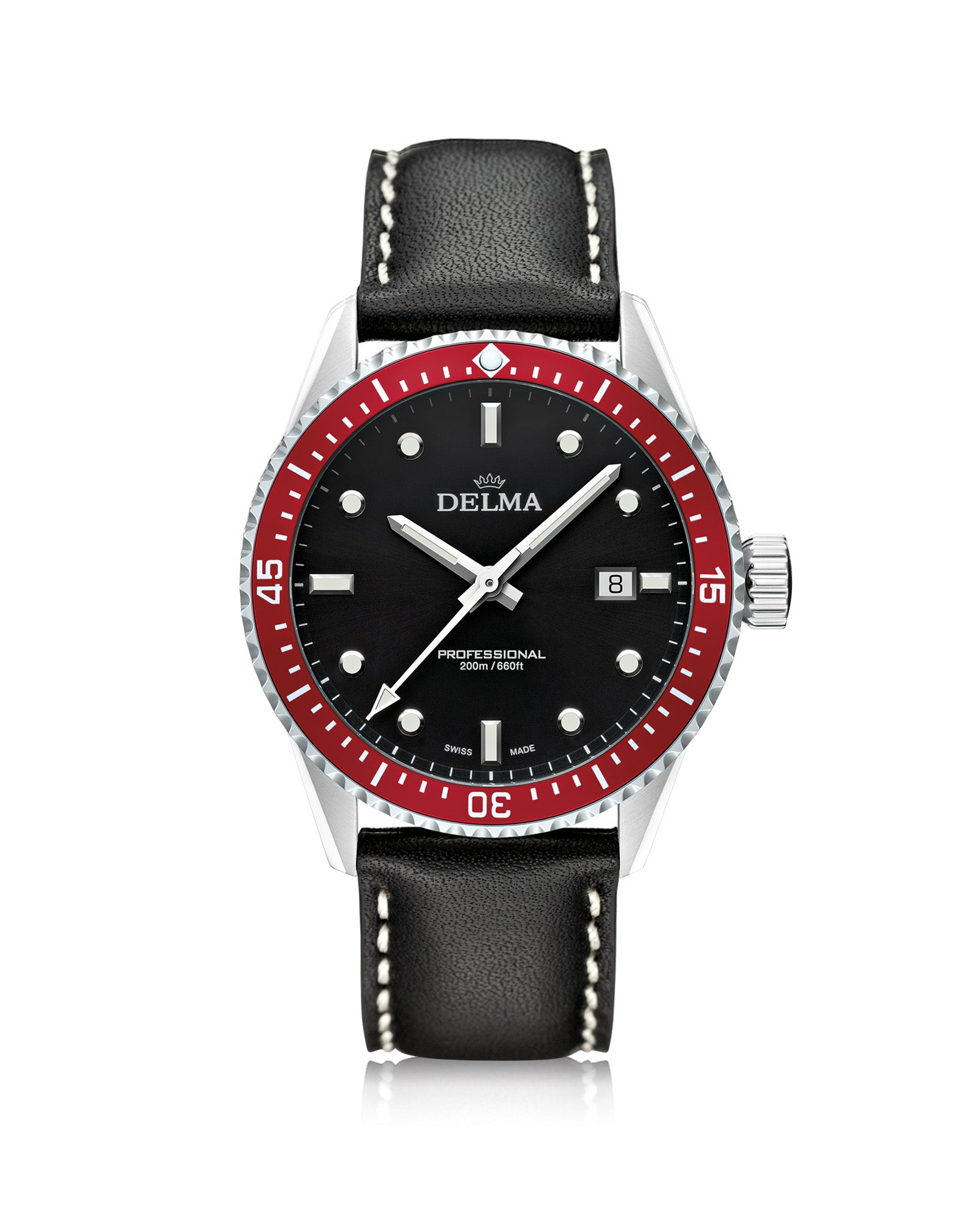 DELMA Cayman stainless steel watch with black dial, red bezel and black leather strap
