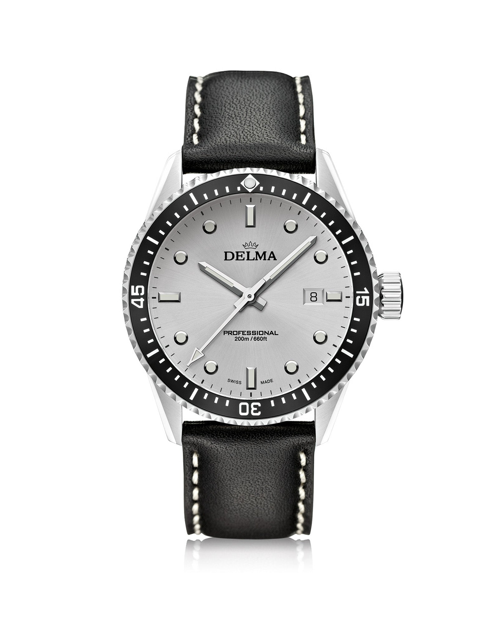 DELMA Cayman stainless steel watch with silver dial, black bezel and black leather strap