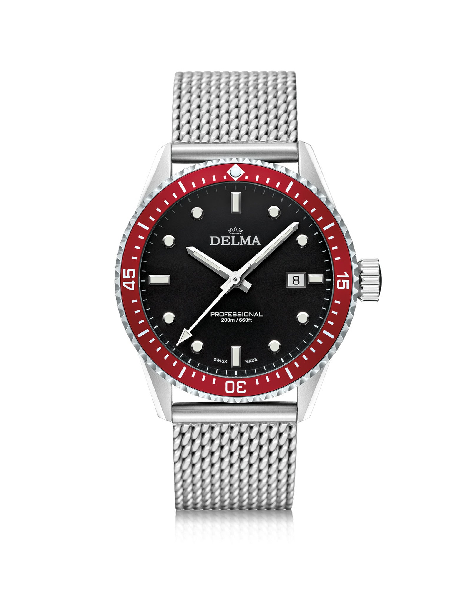 DELMA Cayman stainless steel watch with black dial and red bezel
