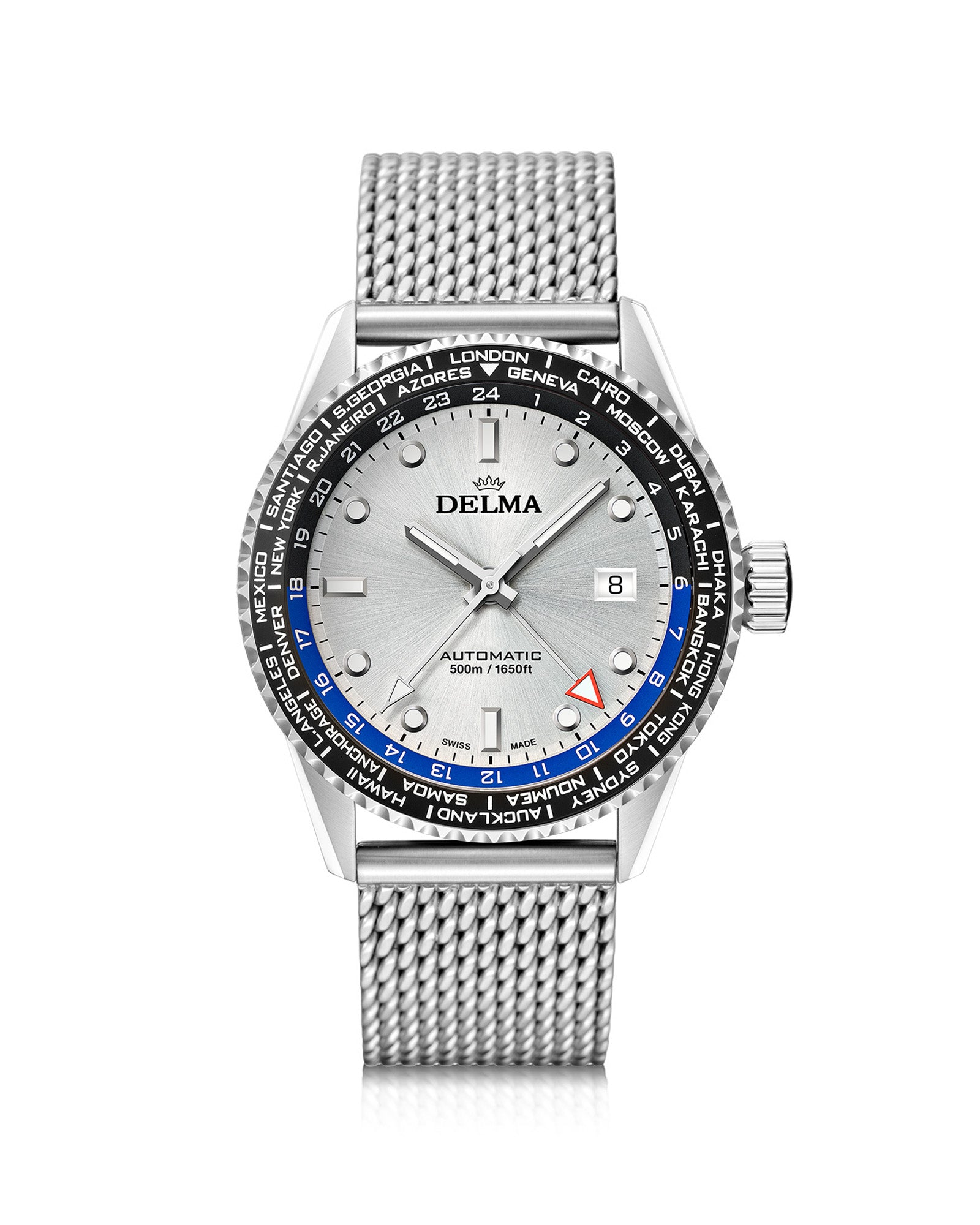 DELMA Cayman Worldtimer Automatic stainless steel watch with silver dial