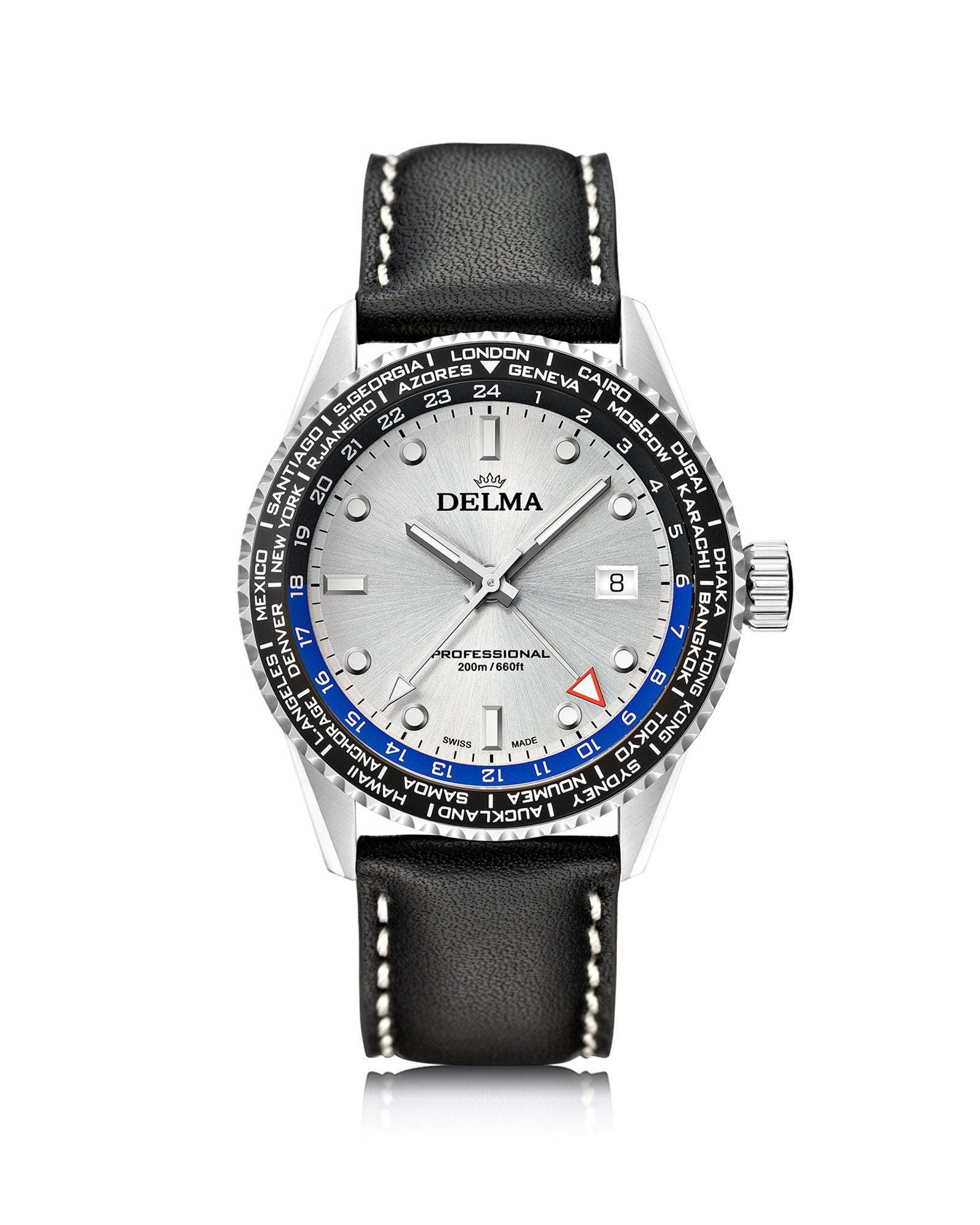 DELMA Cayman Worldtimer stainless steel watch with silver dial and black leather strap