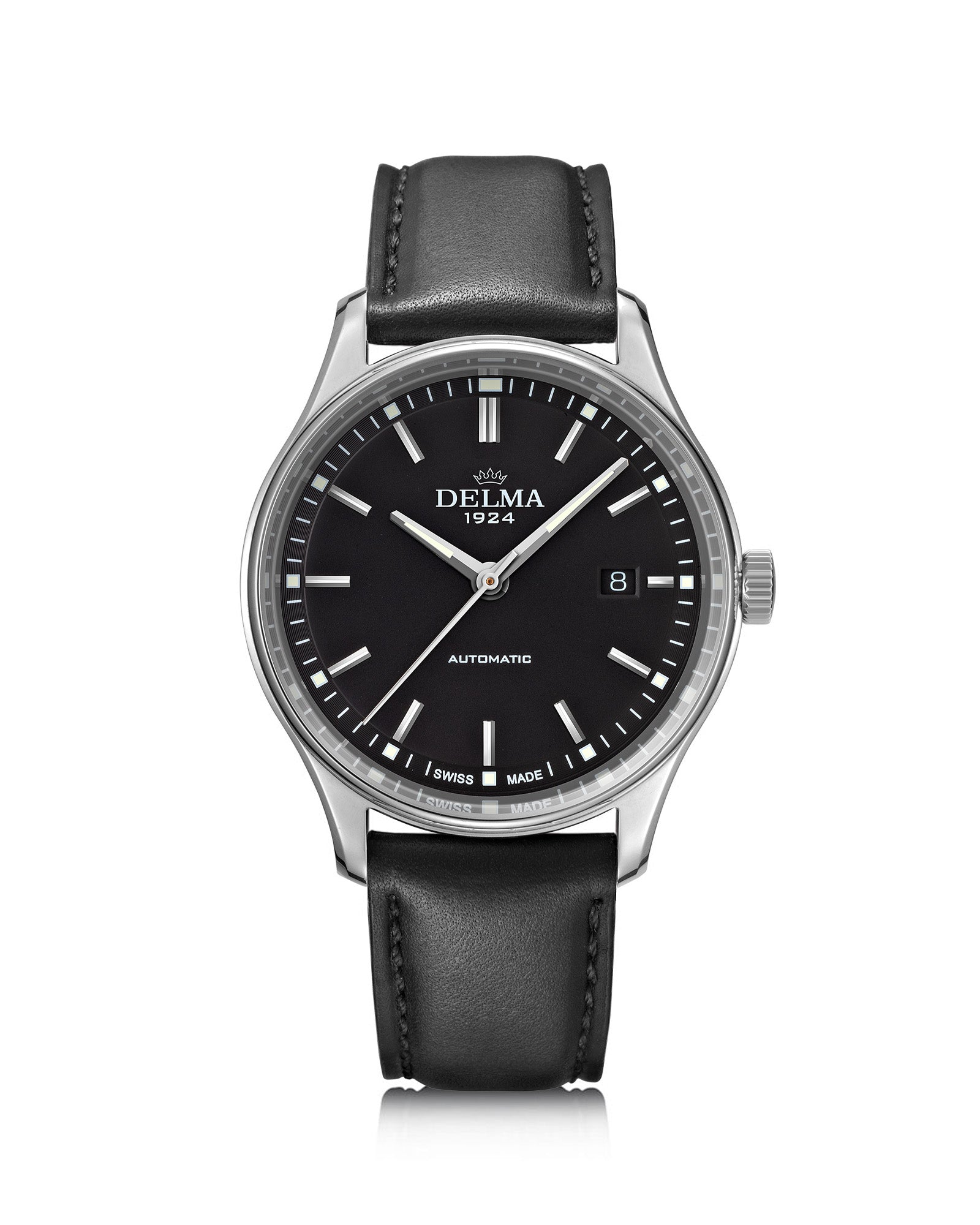 DELMA Classic stainless steel watch with black dial and black leather strap
