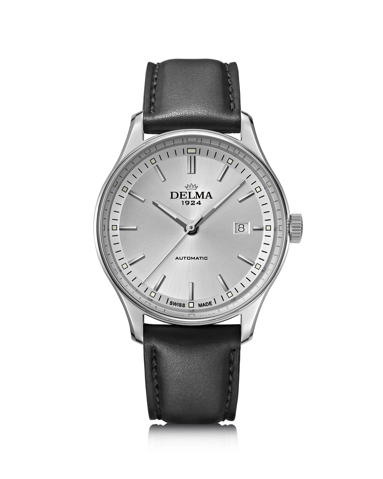 DELMA Classic stainless steel watch with silver dial and black leather strap