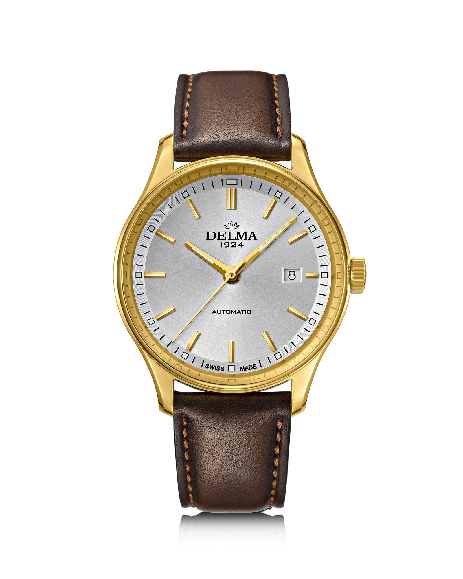 DELMA Classic two tone stainless steel and yellow gold PVD watch with silver dial and brown leather strap