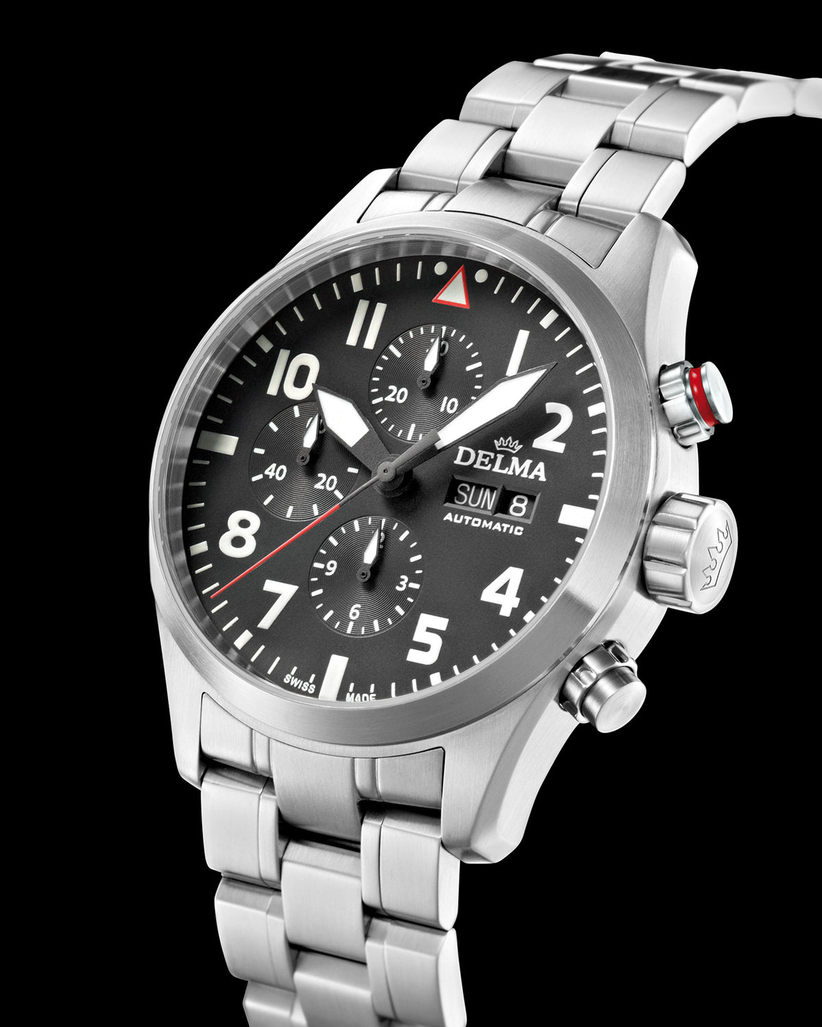 DELMA Commander Chronograph stainless steel watch with black dial side