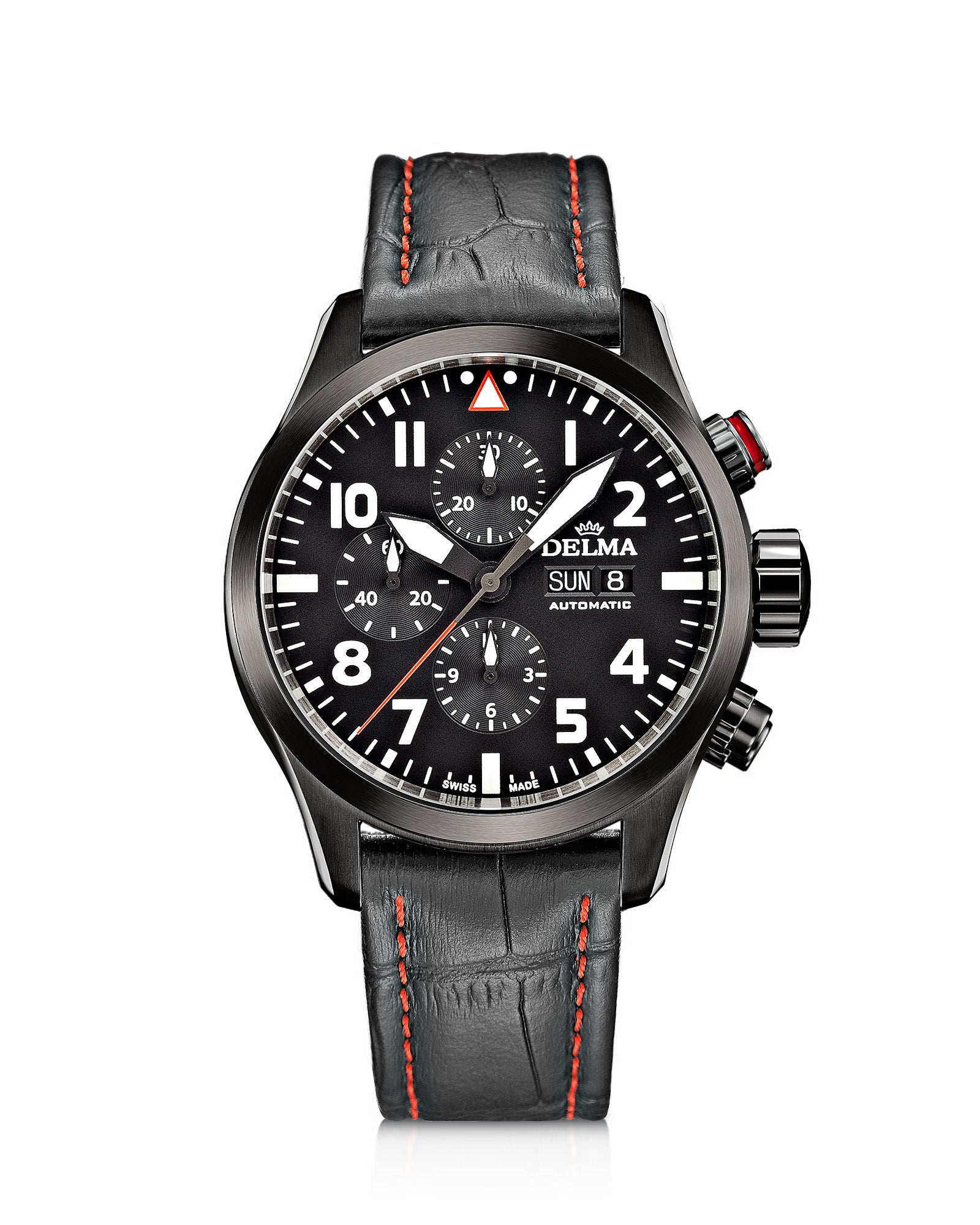 DELMA Commander Chronograph stainless steel and black PVD watch with black dial and black leather strap