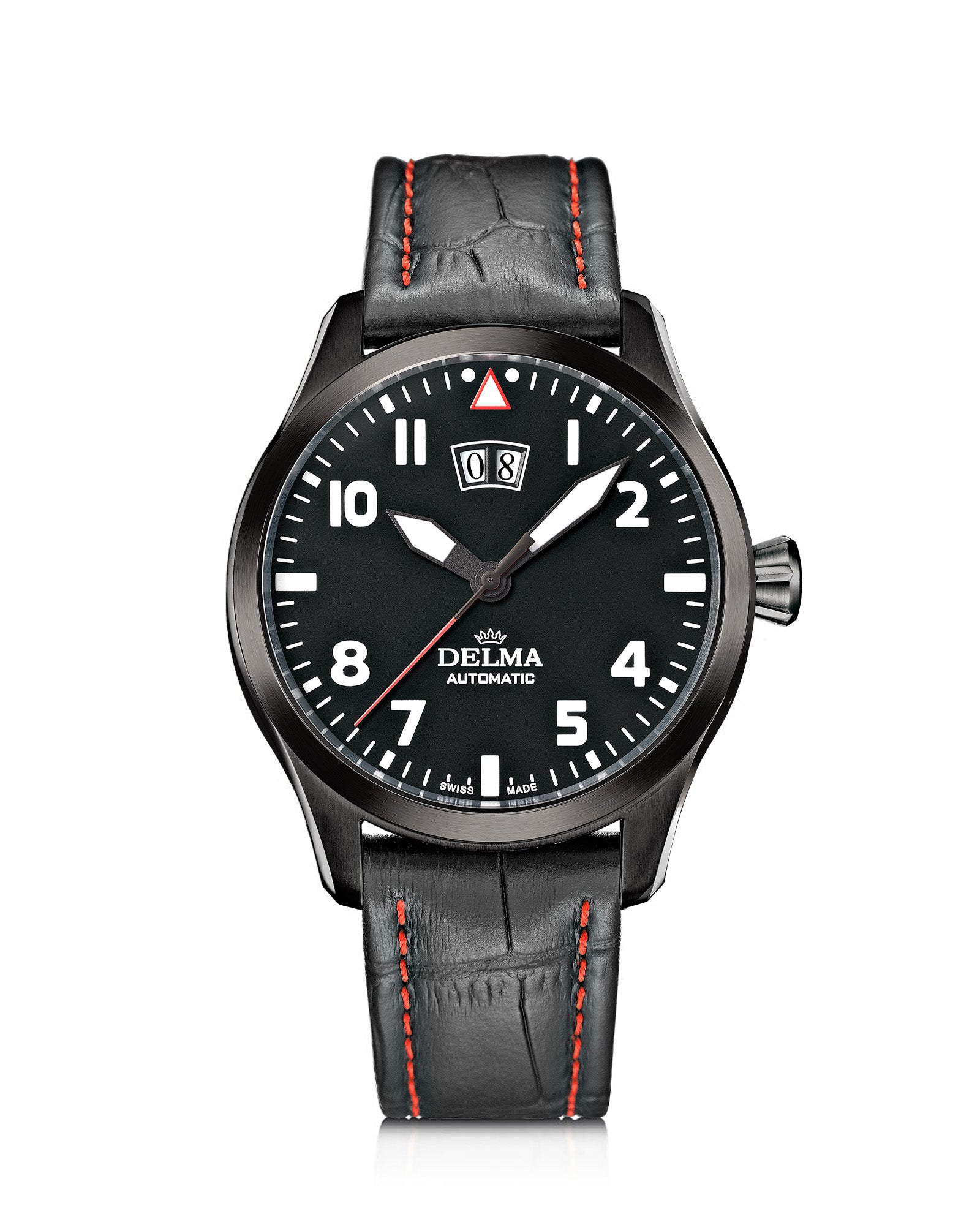 DELMA Commander Big Date stainless steel and black PVD watch with black dial and black leather strap