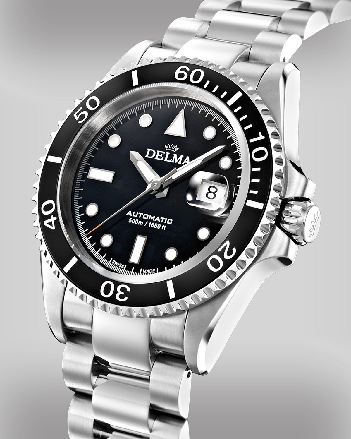 DELMA Commodore Automatic stainless steel watch with black dial and black bezel side