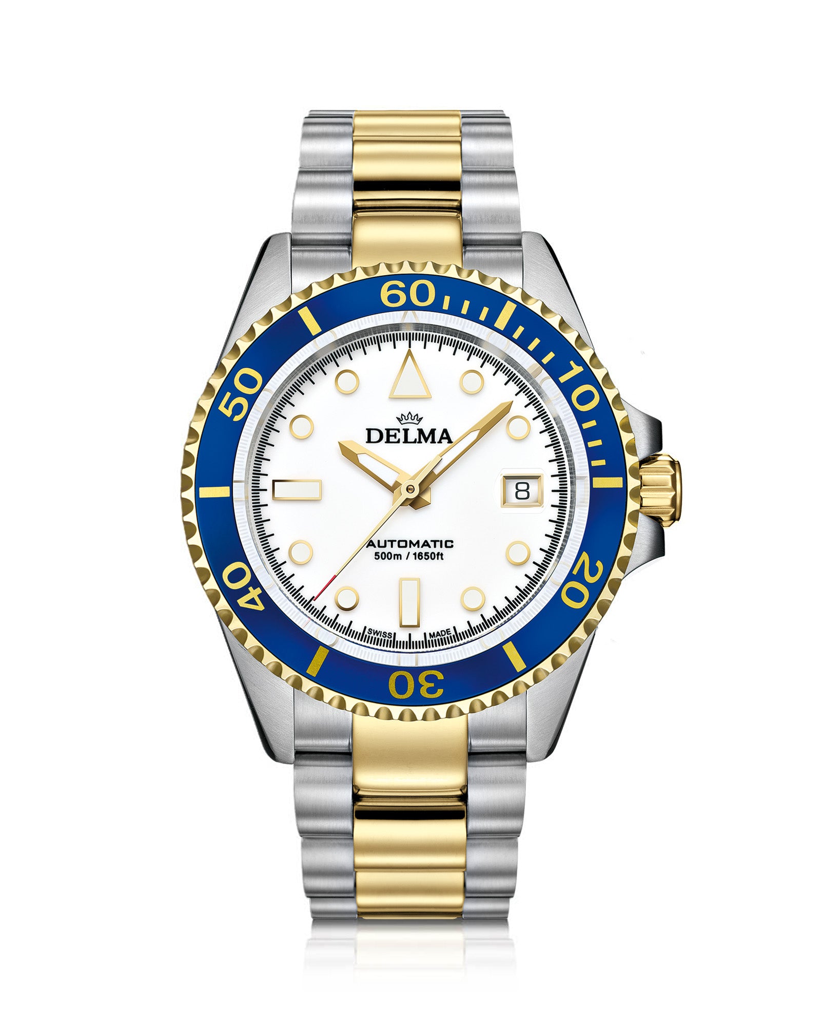 DELMA Commodore Automatic two tone stainless steel and yellow gold PVD watch with white dial and blue bezel