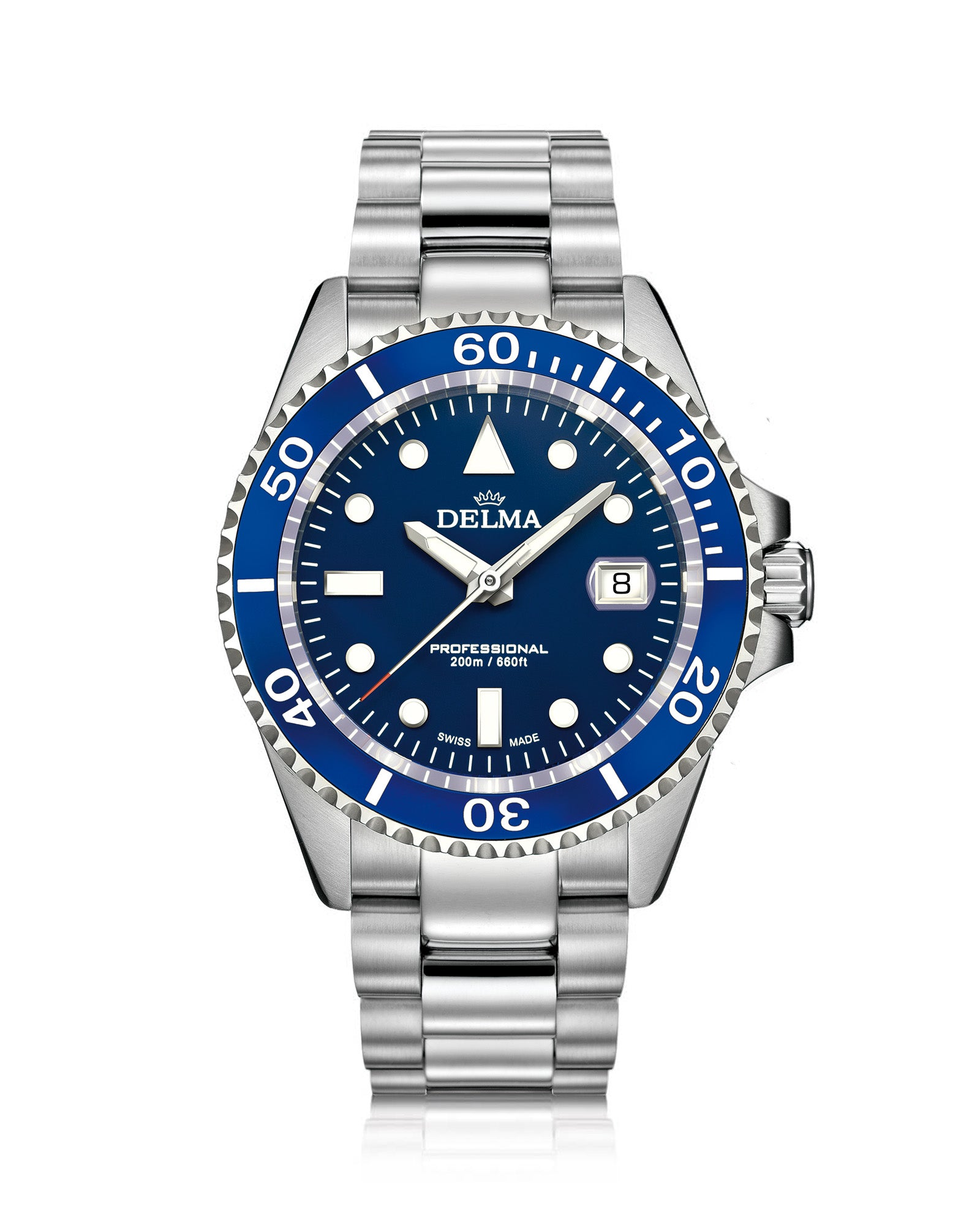 DELMA Commodore stainless steel watch with bue dial and blue bezel