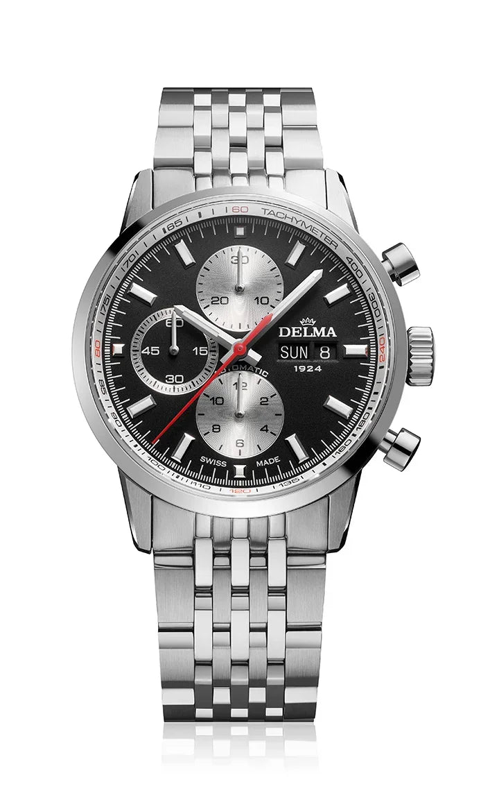 Delma Continental Tricompax black dial silver counters stainless steel bracelet