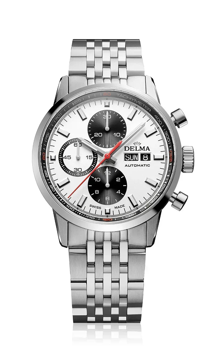 Delma Continental Automatic white dial Tricompax black counters stainless steel bracelet