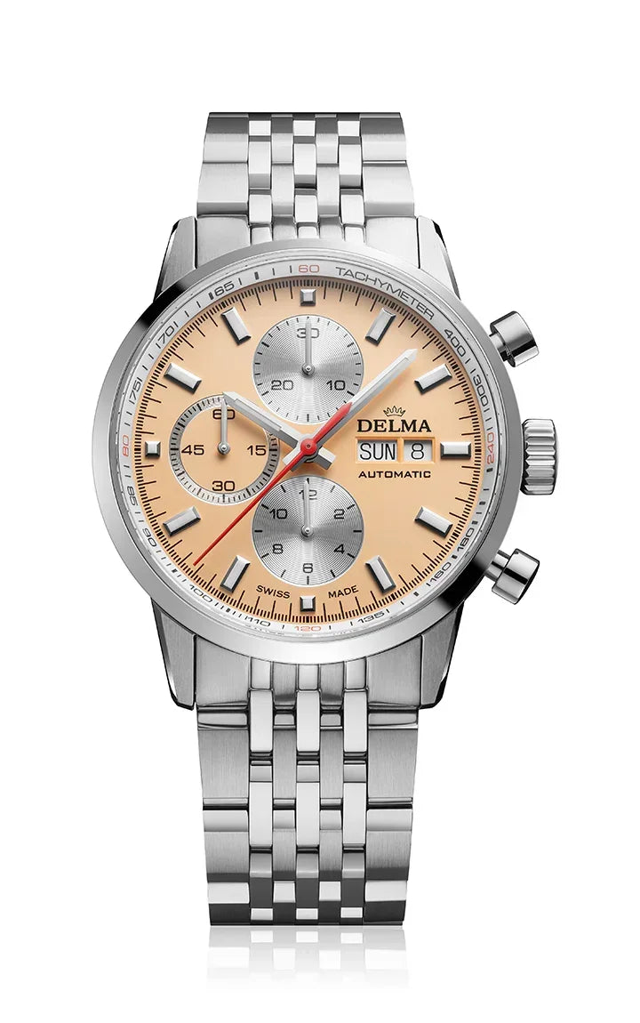 Delma Continental Automatic salmon Tricompax dial stainless steel bracelet