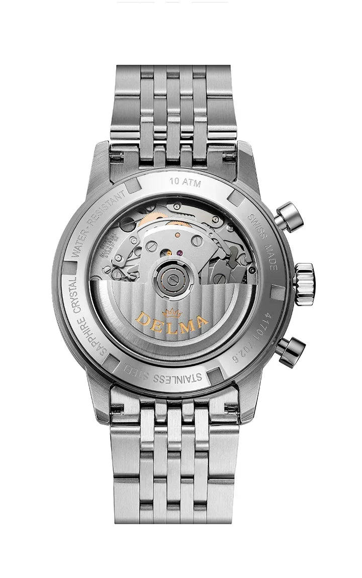 Delma Continental Automatic caseback on stainless steel bracelet