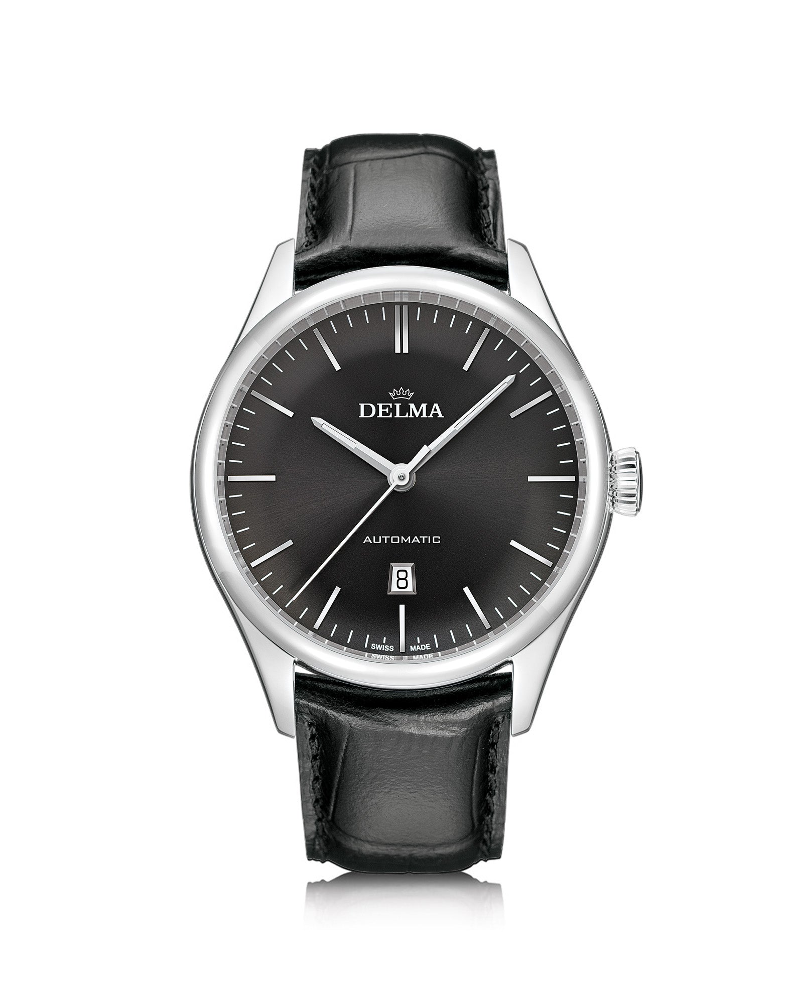 DELMA Heritage Automatic stainless steel watch with black dial and black leather strap