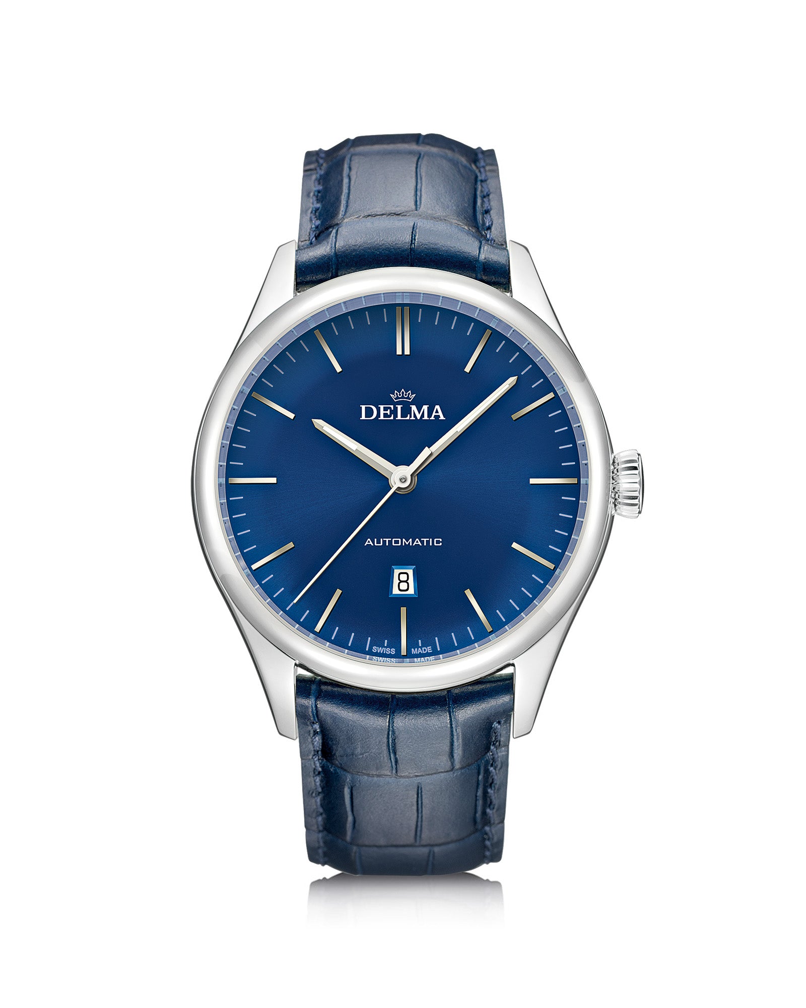 DELMA Heritage Automatic stainless steel watch with blue dial and blue leather strap