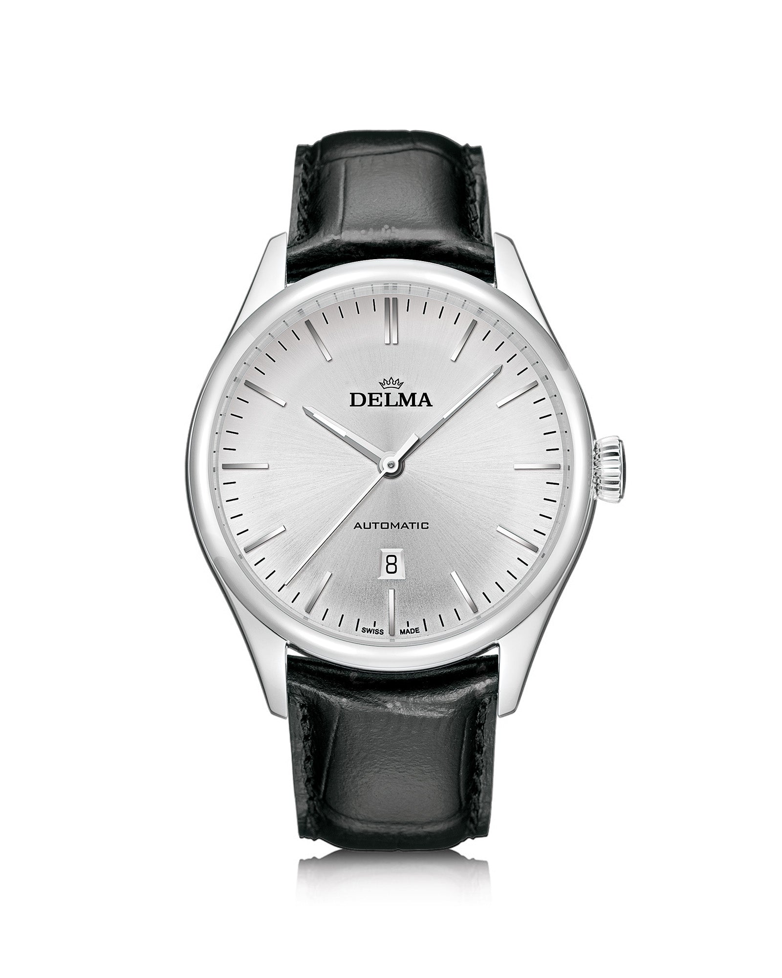DELMA Heritage Automatic stainless steel watch with brown dial and black leather strap