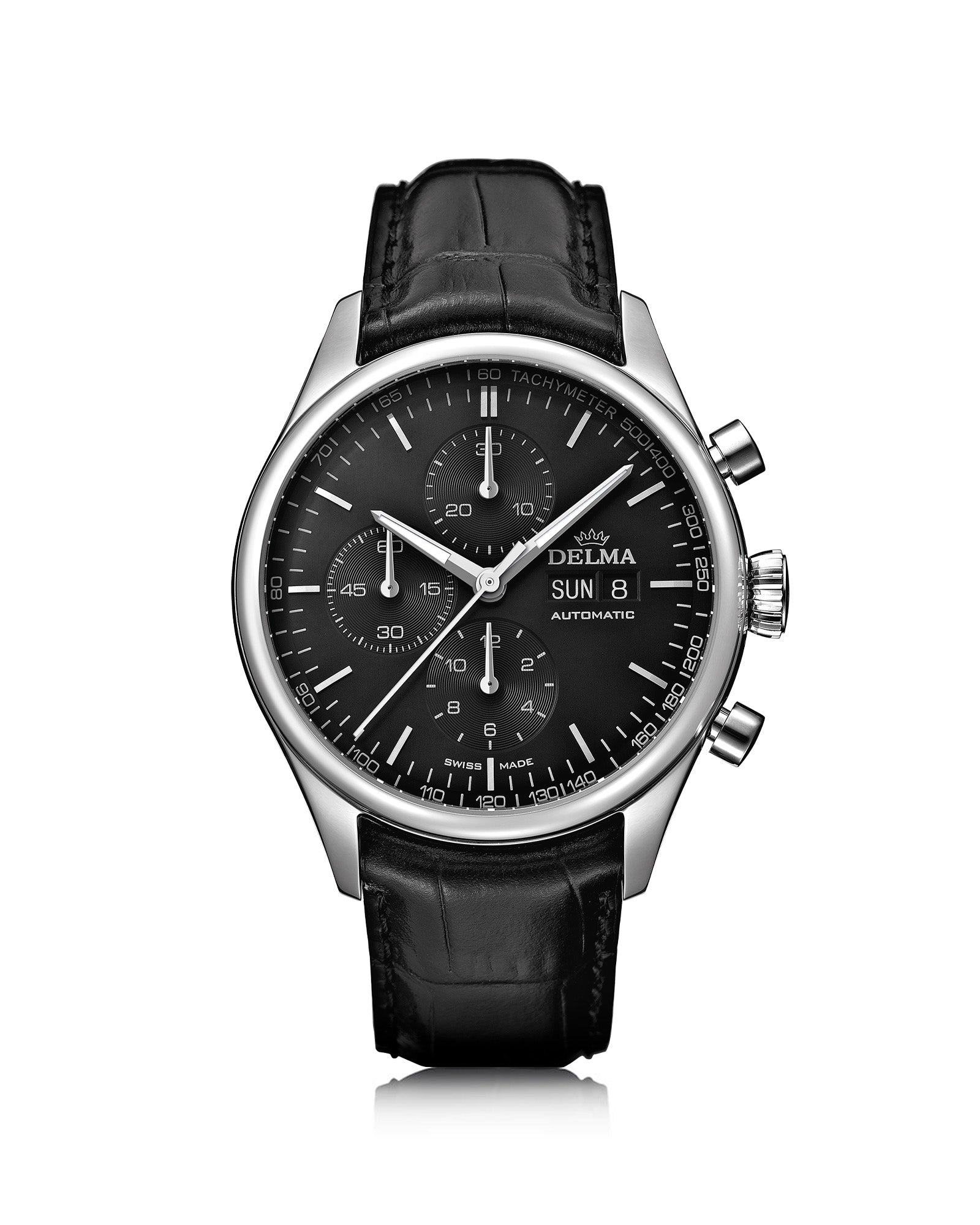 DELMA Heritage Chronograph stainless steel watch with black dial and black leather strap