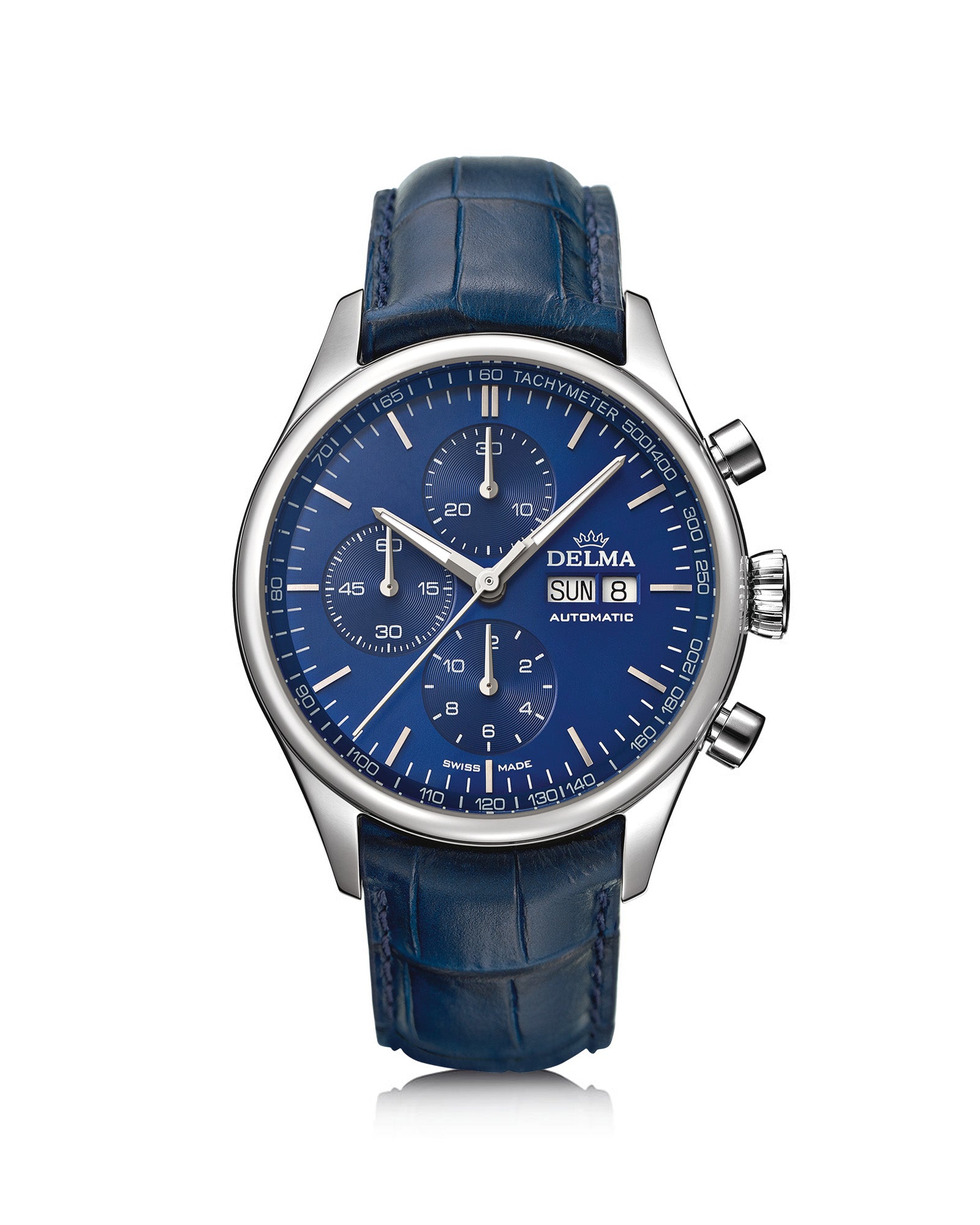 DELMA Heritage Chronograph stainless steel watch with blue dial and blue leather strap