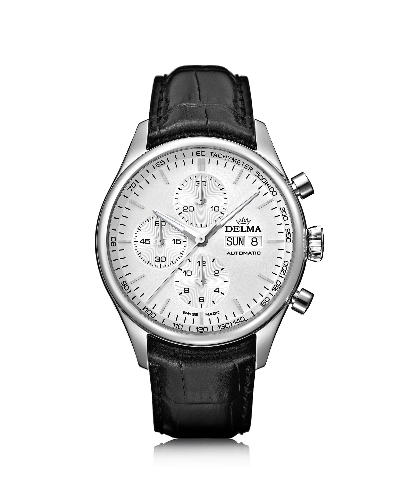 DELMA Heritage Chronograph stainless steel watch with silver dial and black leather strap