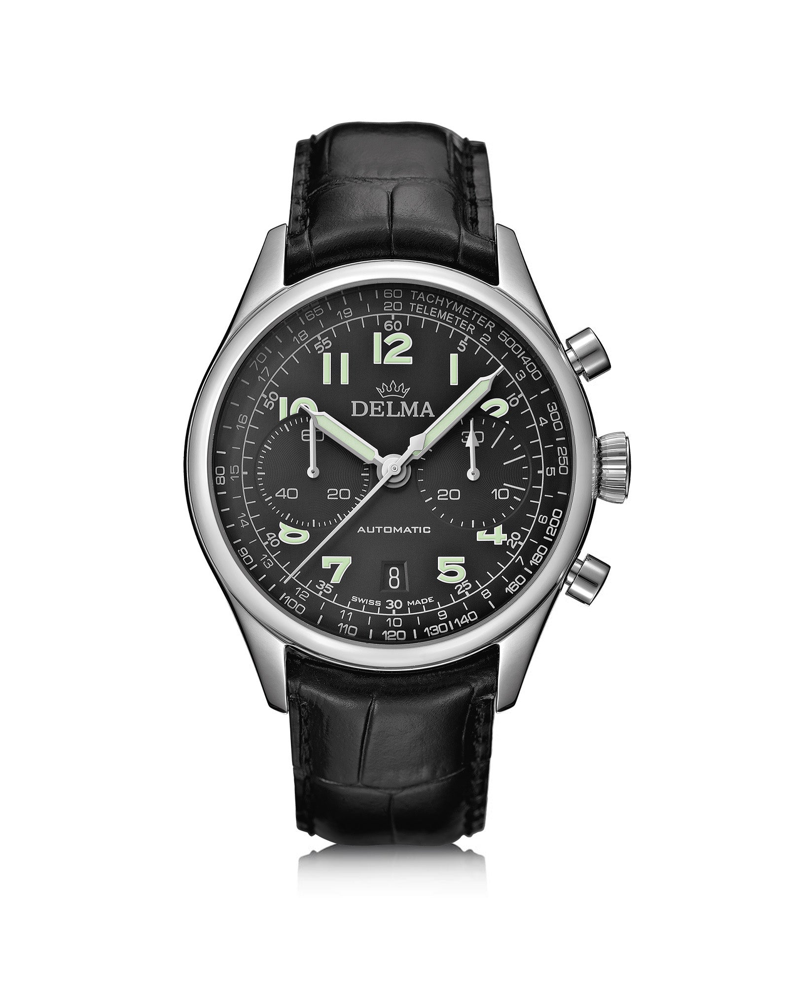 DELMA Heritage Chronograph LE stainless steel watch with black dial and black leather strap