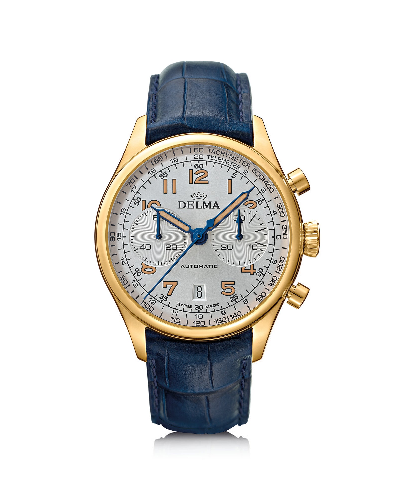 DELMA Heritage Chronograph LE stainless steel and yellow gold PVD watch with silver dial and blue leather strap