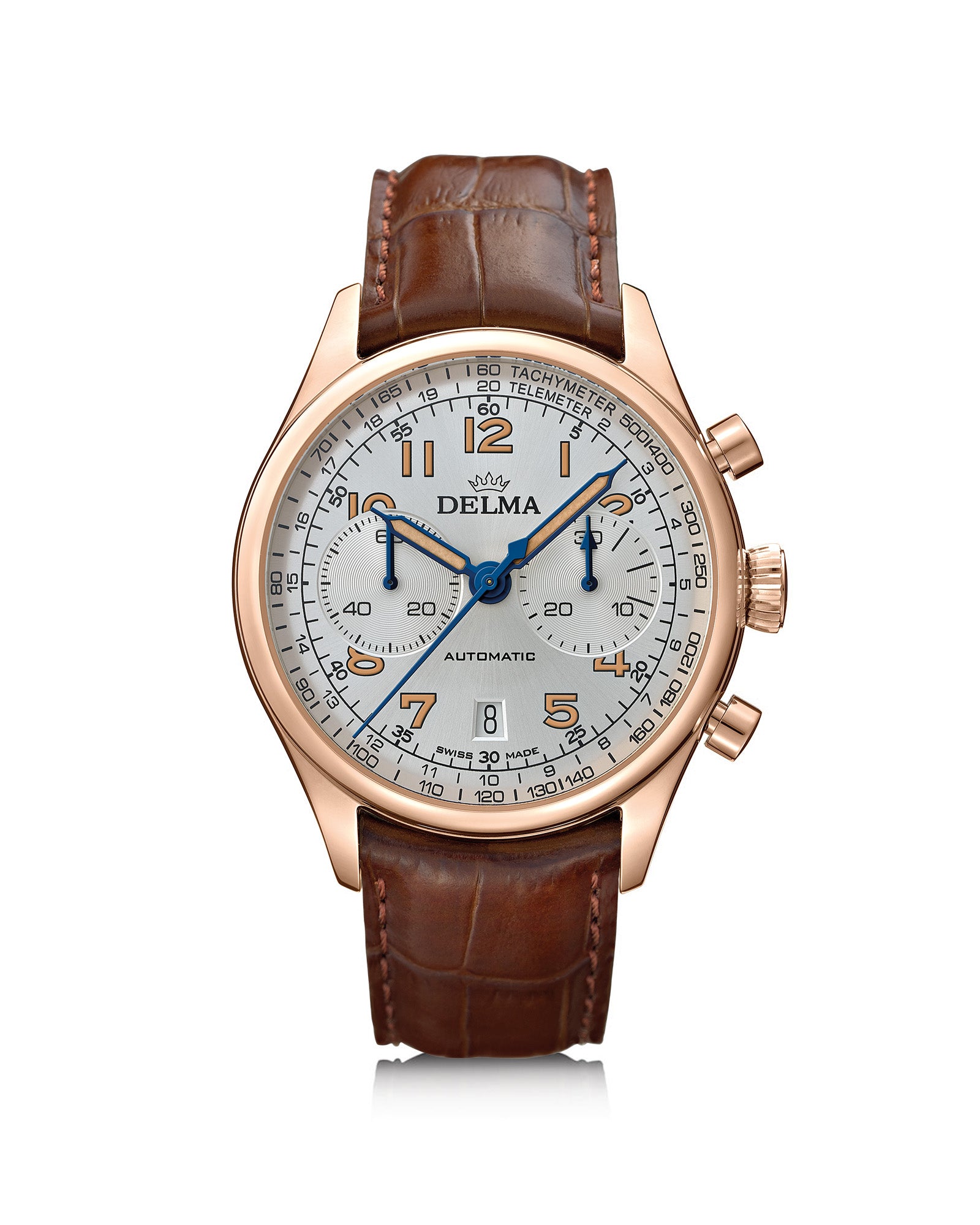 DELMA Heritage Chronograph LE stainless steel and rose gold PVD watch with silver dial and brown leather strap