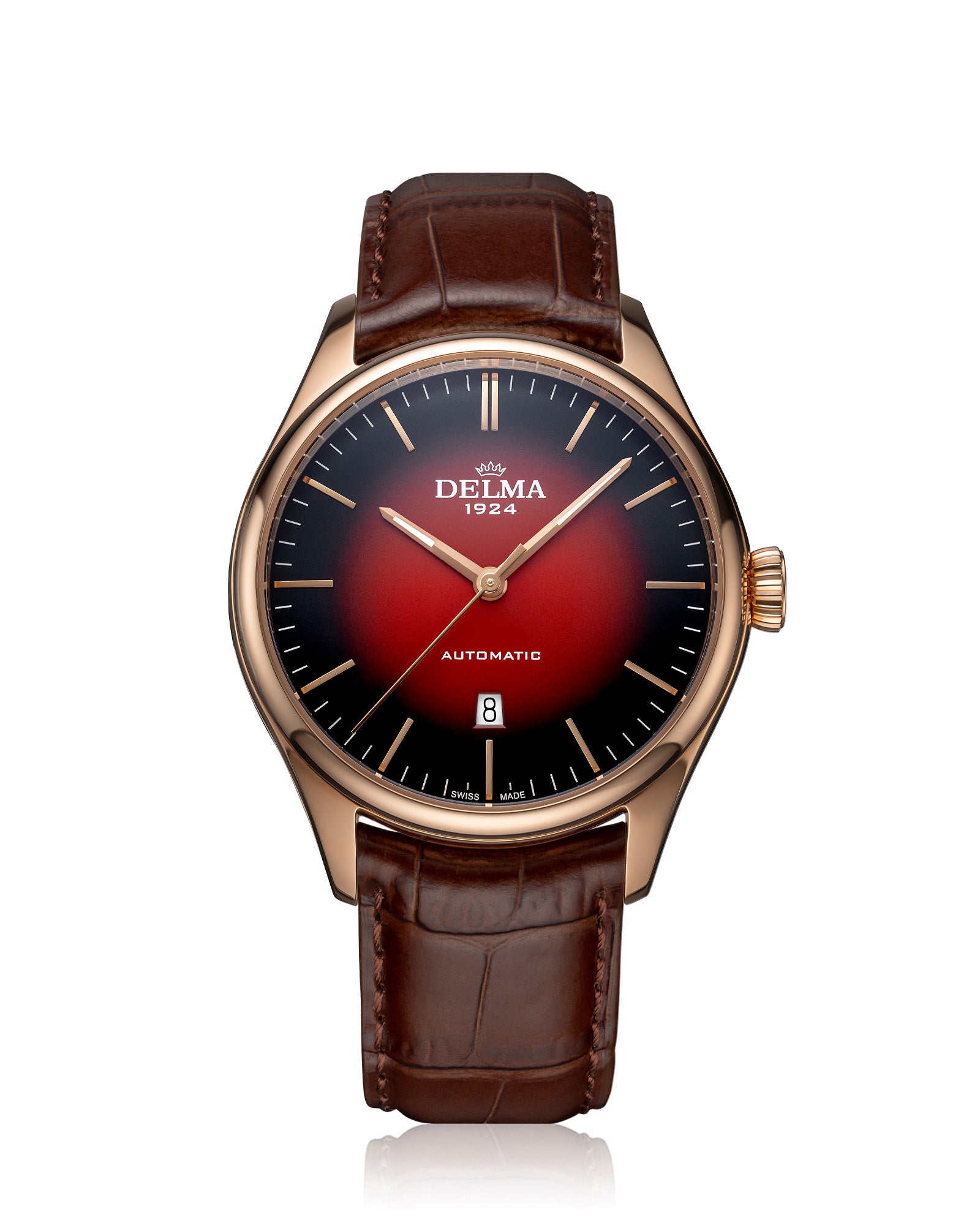 DELMA Heritage Automatic stainless steel and rose gold PVD watch with red fumé dial and brown leather strap