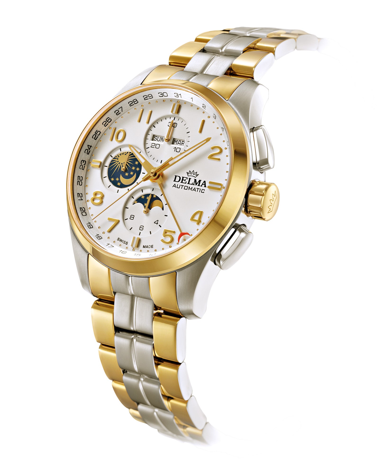 DELMA Klondike Moonphase two tone watch with white dial side